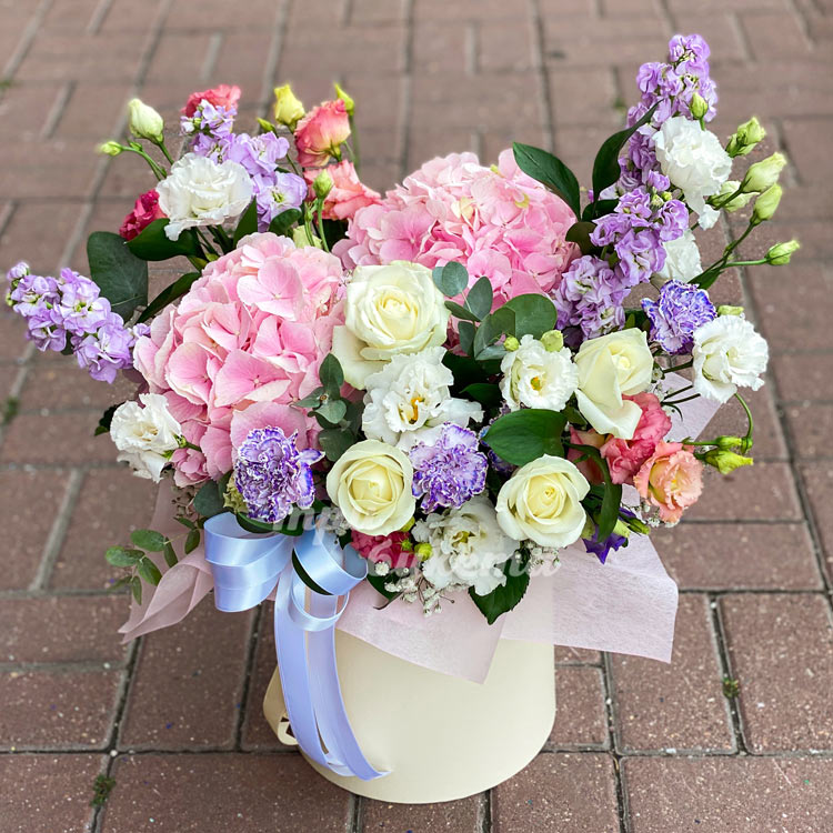 Гортензии в шляпной коробке (на брусчатке)